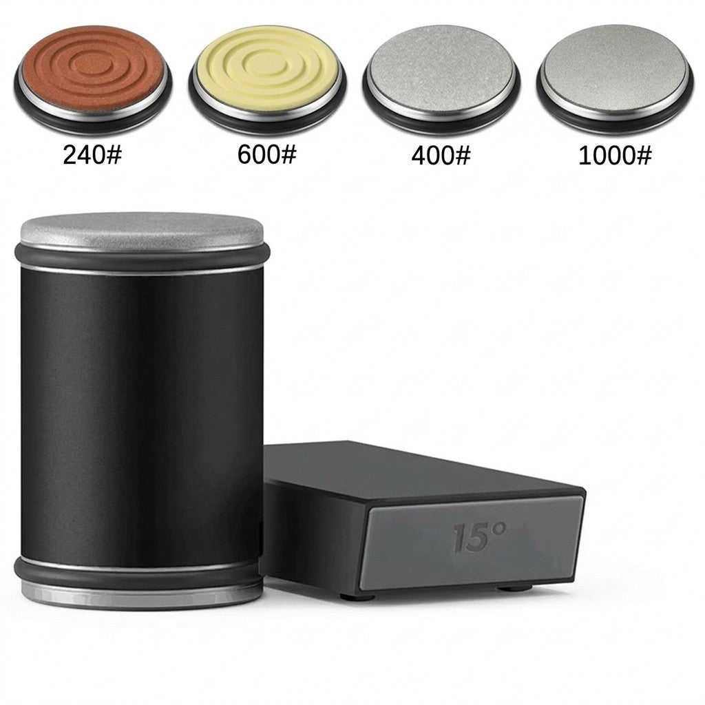 Aiguiseur à rouleau noir avec cale 15° et 4 disques : diamant 400# et 1000#, pierres 240# et 600#