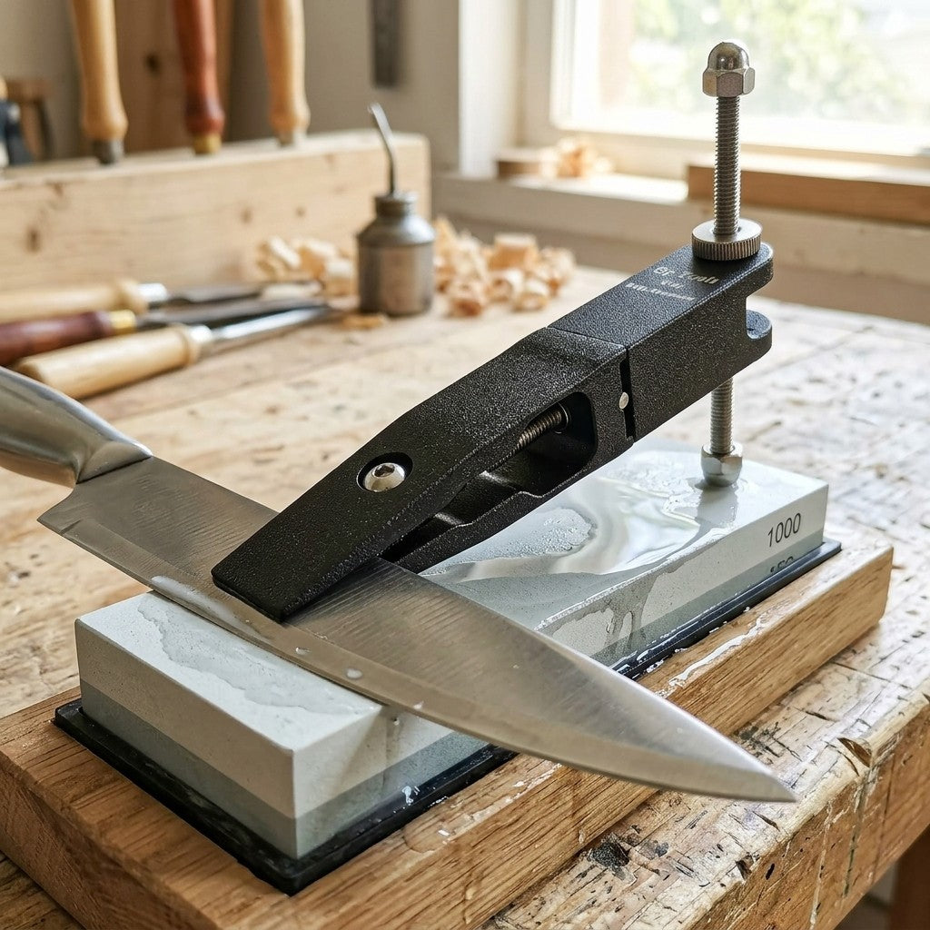 Guide d'affûtage fixé sur un couteau posé sur une pierre à aiguiser