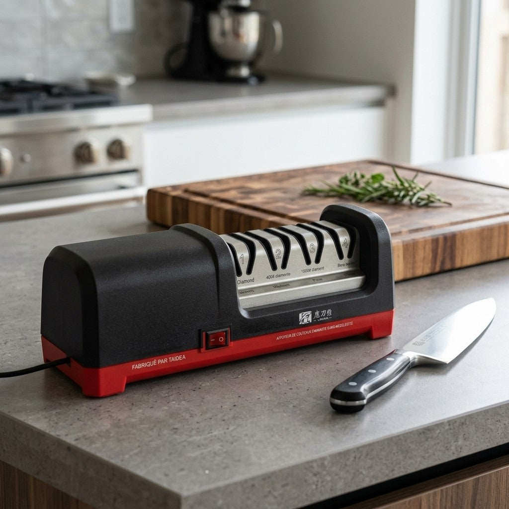Aiguiseur électrique 4 étapes sur un plan de travail de cuisine